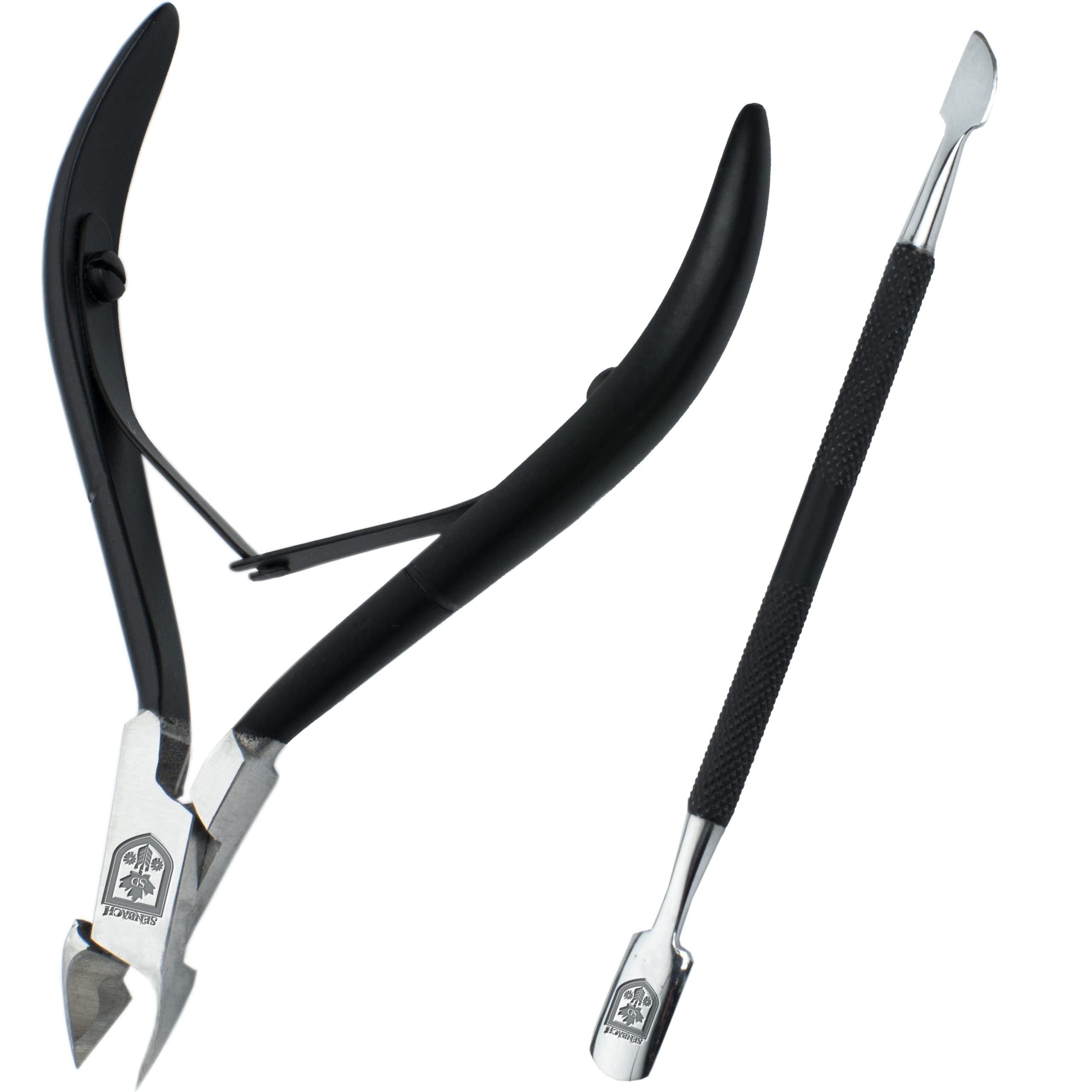 SENBACH Cuticle Trimmer with Pusher, Remover Nipper Professional Stainless Steel Cutter Clipper Durable Pedicure Manicure Tools for Fingernails and Toenails (Black) (1548)