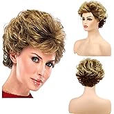 Baruisi Short Fluffy Brown Wigs for Women Natural Looking Synthetic Curly Hair Wig with Bangs