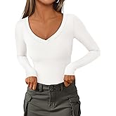 PRETTYGARDEN Long Sleeve Shirts for Women 2026 Fall Fashion V Neck Going Out Tops Slim Fit Basic Tees Y2K Clothes