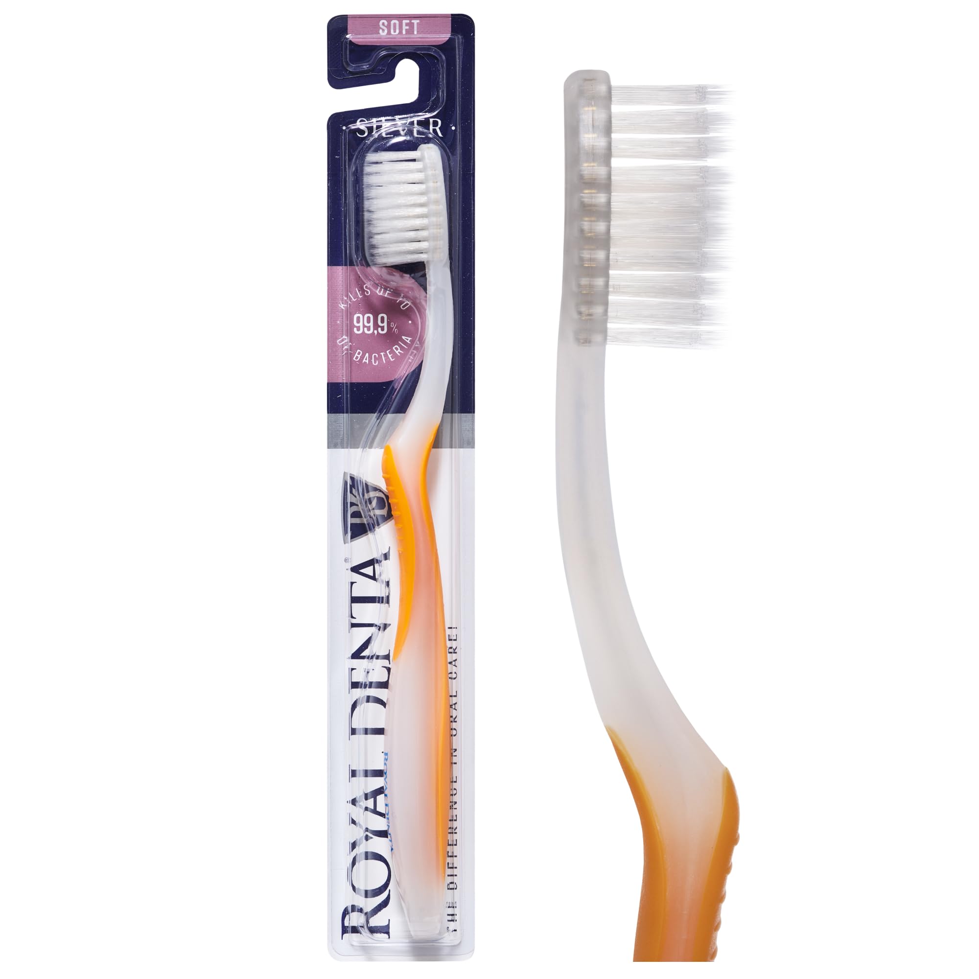 Royal Denta Soft Toothbrush for Adults, Dual Length Soft Bristles for Sensitive Teeth & Gums, Silver Infused Manual Toothbrush for Whitening, Flossing and Braces, Ergonomic Grip Handle (Yellow)