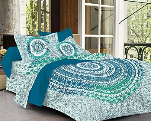 Fabsom Traditional Ombre Mandala Printed 144 TC Cotton Double Bedsheet with 2 Pillow Covers King Size - Floral, Sea Green