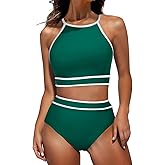 Women's 2 Piece Bikini Set High Neck Color Block Sporty Swimsuits Summer High Waist Bathing Suit
