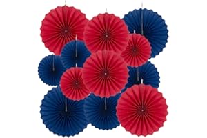 MOWO Royal Blue and Red Paper Fans Party Decoration Wall Background Ceiling Hanging Decoration for 4th July Independence Day Birthday Graduation Theme Party,12pc
