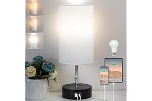 ROTTOGOON 3-Color Temperature Bedside Lamp Nightstand Lamp with USB A Port and C Port, Table Lamp for Bedroom with LED Bulb Small Lamps for Living Room (White)