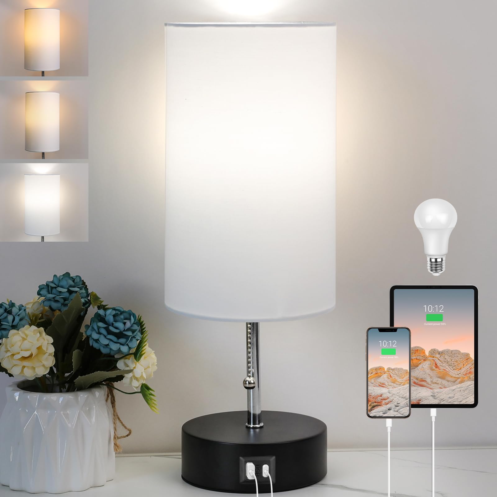 Photo 1 of 3-Color Temperature Bedside Lamp Nightstand Lamp with USB A Port and C Port, Table Lamp for Bedroom with LED Bulb Small Lamps for Living Room (White)