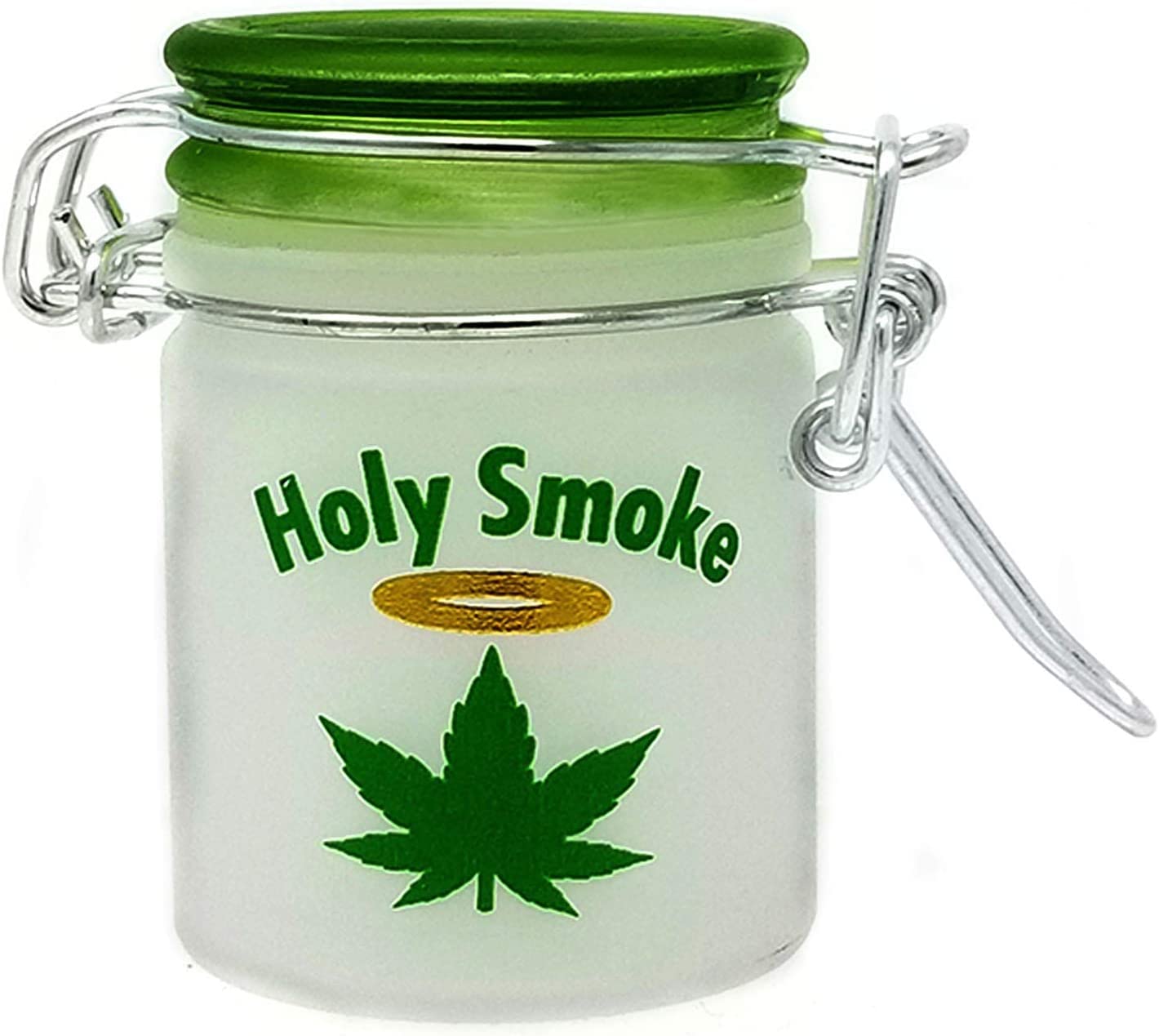 Airtight Glass Stash Jar With Clamping Lid - Black Frosted With Green Leaf Design, Holds 1.5 Oz