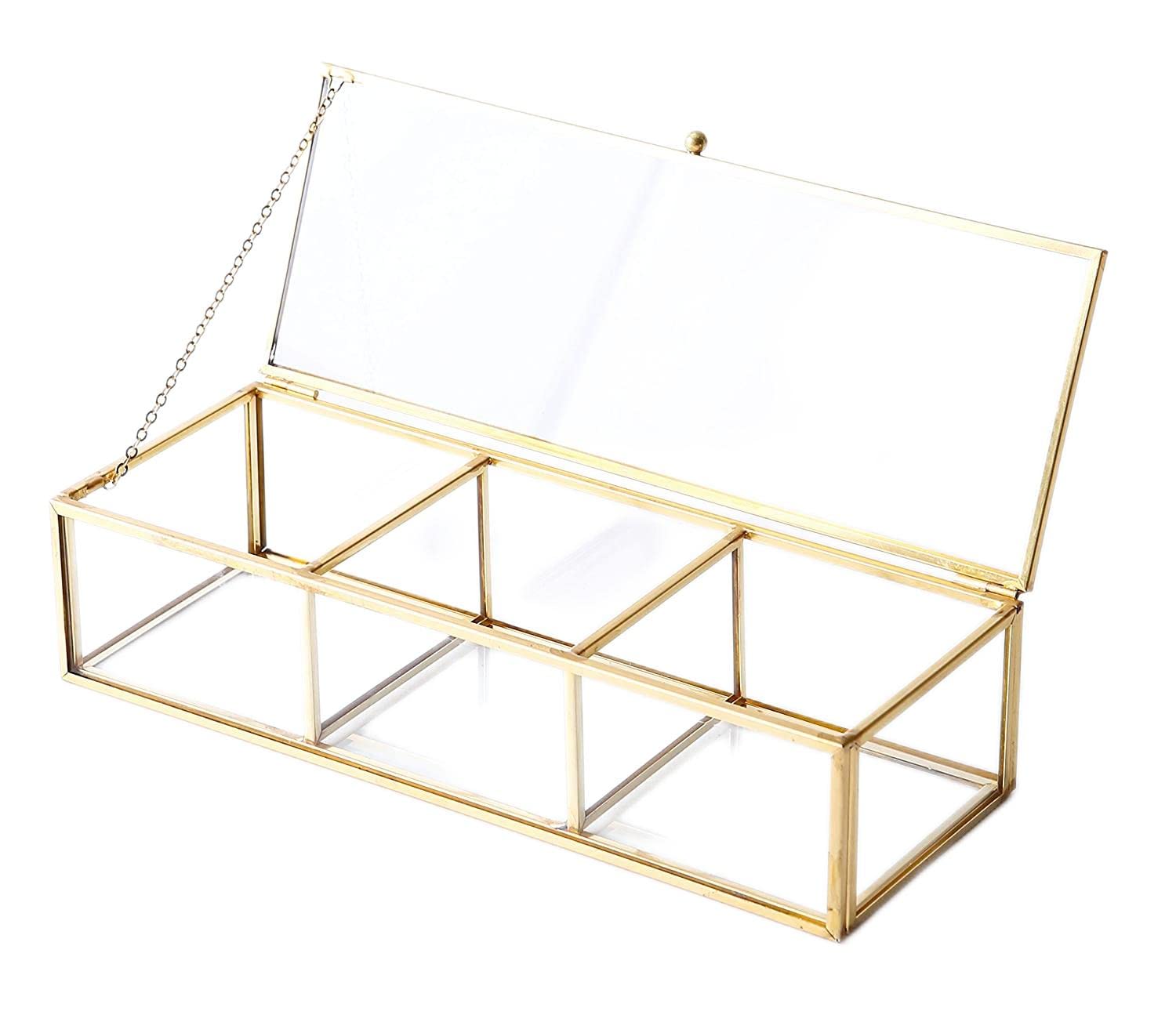 Photo 1 of Vintage Golden Glass Lidded Box Clear Glass & Brass Metal Storage Jewelry and Cosmetic Makeup Organizer with Lid Beauty Display, Rectangle with 3 Compartment