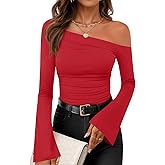 ZESICA Women's Off Shoulder Tops Bell Long Sleeve Shirts 2026 Spring Trendy Going Out Ruched Tight Fitted Y2K Clothes