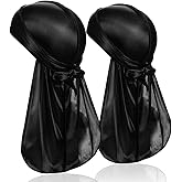 DACKRITO 2 Pieces Silky Durag Pack for Men Women, Premium Satin Doo Rag Headwrap with Long Tail for 360 Waves, Black+black, O