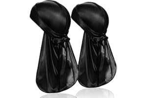 DACKRITO 2 Pieces Silky Durag Pack for Men Women, Premium Satin Doo Rag Headwrap with Long Tail for 360 Waves, Black+black, O