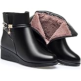 Women's Black Wedge Heel Ankle Booties Soft Leather Platform Side Zipper Sparkling Rhinestones Winter Warm Fur Lined Thickening Snow Boot