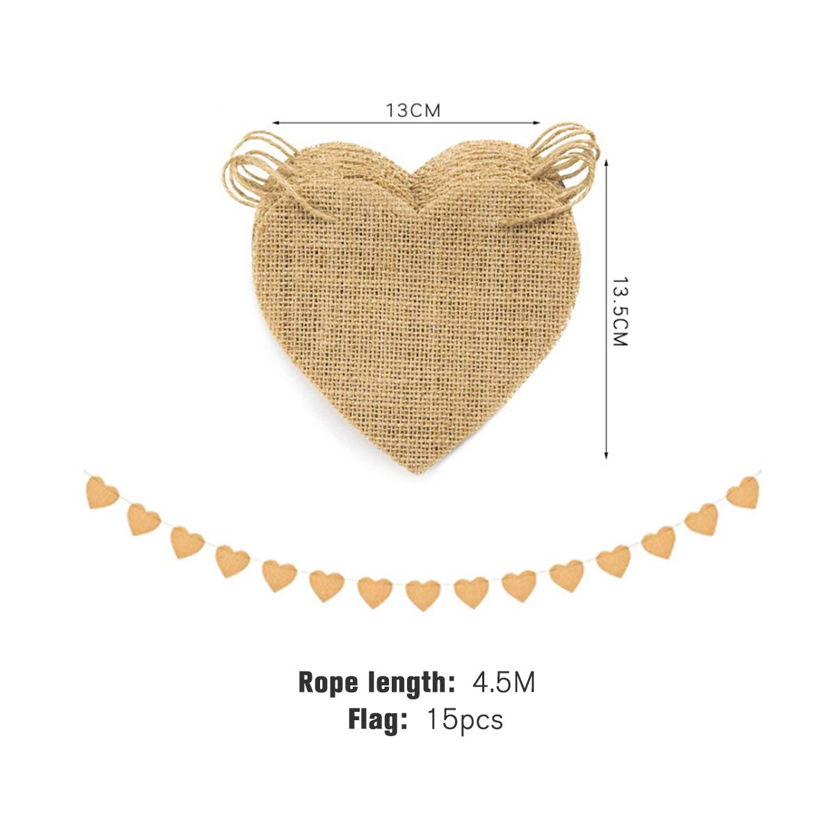 Jeteven 4.5m 15 Flags DIY Liebe Form Hochzeit Vintage Herz Jute Bunting Banner, Wimpel Hessischen Girlande Rustikal für Hochzeit Party oder andere Festivalfeier(4.5m)
