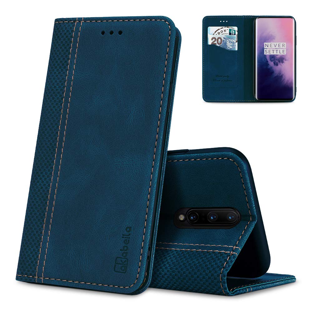 AKABEILA Case for OnePlus 7 Pro Premium Leather Flip Wallet Case with Magnetic Closure Kickstand Card Slots Folio Phone Case Cover Shockproof Blue