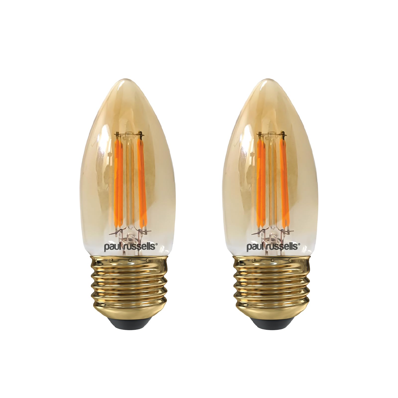 paul russells LED Candle Filament Light – 2.5W 20W Equivalent Replacement, 200LM Lumens, 2200K Extra Warm White, ES E27 Edison Screw C35 Bulbs – Energy Saving Non-Dimmable Lamps - 2 Pack