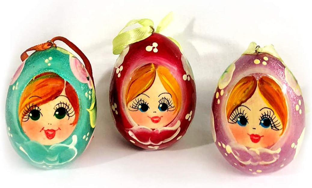 100-141 Juego de 3 adornos de madera rusa con forma de huevo de Navidad