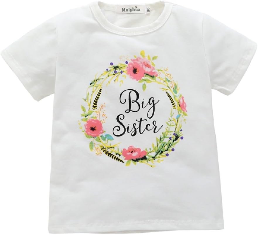 MOLYHUA Big Sister Shirt, Letter Flower Print Short Sleeve Outfits White