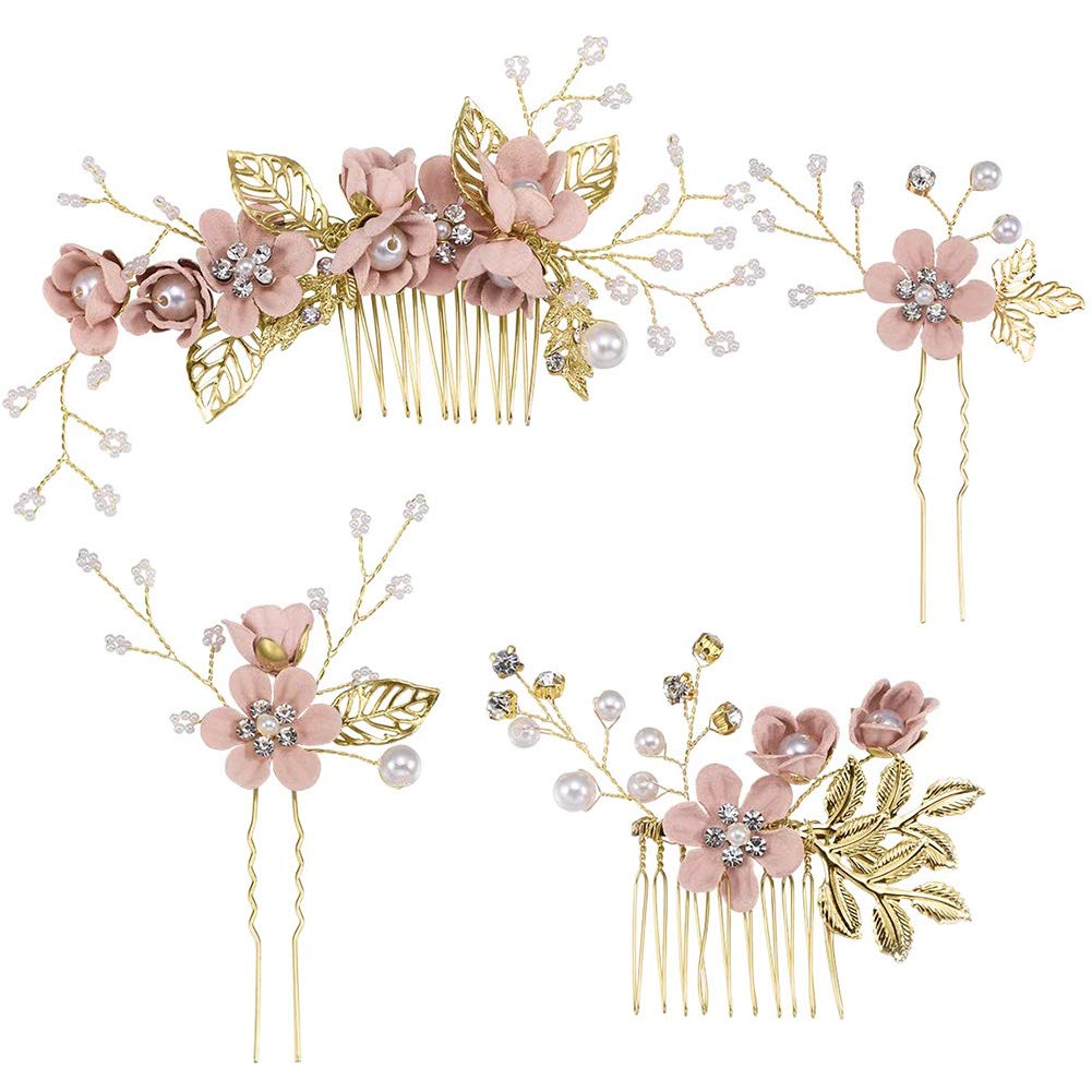 4pcs Wedding Hair Comb Rhinestone Pearl Hair Pins for Women, Light Rose Gold Wedding Hair Clip Rhinestone Bridal Comb Barrette, Wedding Hair Accessories Headpiece