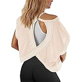Panadila Womens Open Back Workout Top Oversized Workout T Shirts Backless Athletic Shirt Short Sleeve Baby Tee
