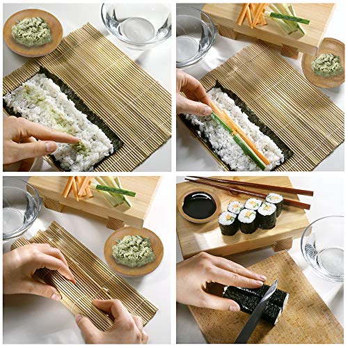 Sushi Making Kit Bamboo All in One - 2 Sushi Roller Mats, 1 Rice Paddle, 1 Rice Spreader, 5 Pairs Chopsticks, 2 Plates and 1 Canvas Chopstick Bag - DIY Sushi/California Rolls Maker Mats Utensils