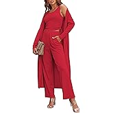 Ekouaer Women's 3 Piece Knit Lounge Set Pajama Long Sleeve Cardigan Sleeveless Top Pants SweatsuitRedMedium