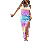 TANGNADE Women Bodycon Maxi Dress Sleeveless Drawstring Ruched Basic Party Club Slim Fit Trendy Casual Tank Dress