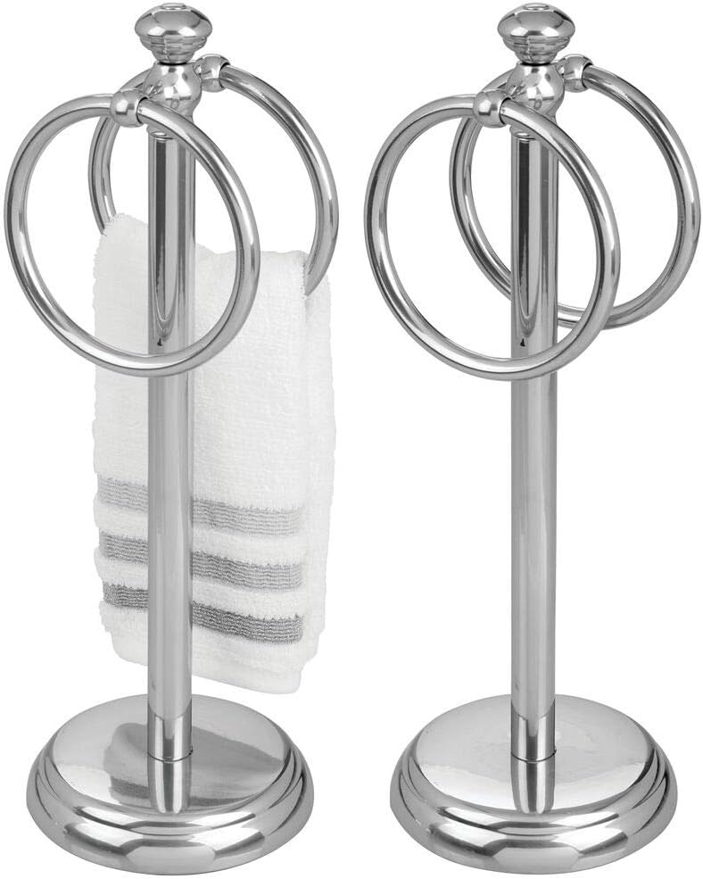 Amazon Com Mdesign Decorative Metal Fingertip Towel Holder Stand For Bathroom Vanity Countertops To Display And Store Small Guest Towels Or Washcloths 2 Hanging Rings 14 25 High 2 Pack Chrome Kitchen Dining