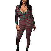 NUFIWI Women Striped Christmas Pajamas Button Down V Neck Jumpsuit Bodycon Long Sleeve One Piece Sleepwear