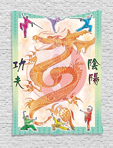 Ambesonne Animal Decor Collection, Asian Theme Chinese Dragon with Martial Arts Figures Japanese Samurai and Ying Yang Picture, Bedroom Living Room Dorm Wall Hanging Tapestry, Multi