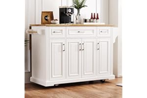 54 Inch White Kitchen Island with Drop Leaf Solid Wood Top, Rolling Storage Cabinet Farmhouse Cart 3 Drawers 4 Doors Spice Ra