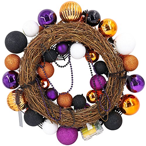 Valery Madelyn 20” Pre-Lit Traditional Halloween Wreath with Spooky Shatterproof Ornaments Including Skulls,Spiders,Eye Balls,Bats and Masks,Rattan Base with 20 LED Lights,Remote and Timer Included