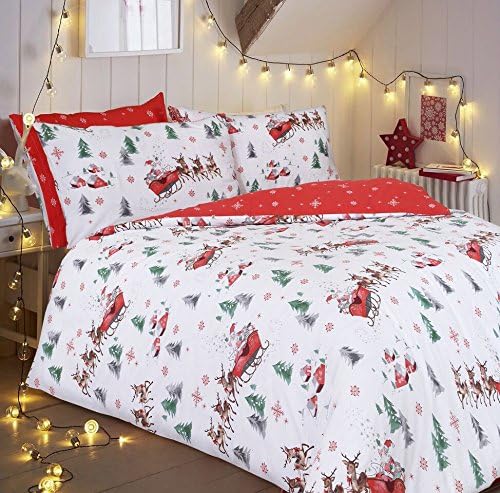 C2S Xmas Special Polycotton Cotton Rich Duvet Cover Sets with Pillow Cases Bedding Sets (Double, Santa Sleigh)