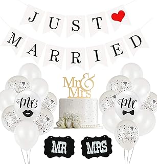 Just Married Hochzeit Deko Set, 30 Weiß Ballon, 10 Just Married Luftballons, 2 Schilder MR und MRS, 1 Just Married girlande banner für Heiratsantrag Hochzeit Fest Party Dekoration