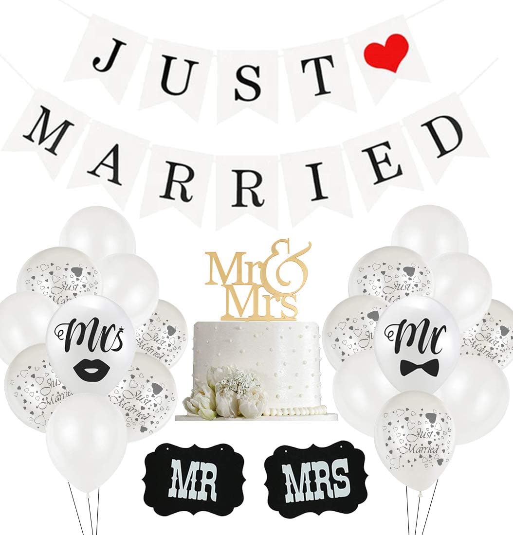 Just Married Hochzeit Deko Set, 30 Weiß Ballon, 10 Just Married Luftballons, 2 Schilder MR und MRS, 1 Just Married girlande banner für Heiratsantrag Hochzeit Fest Party Dekoration