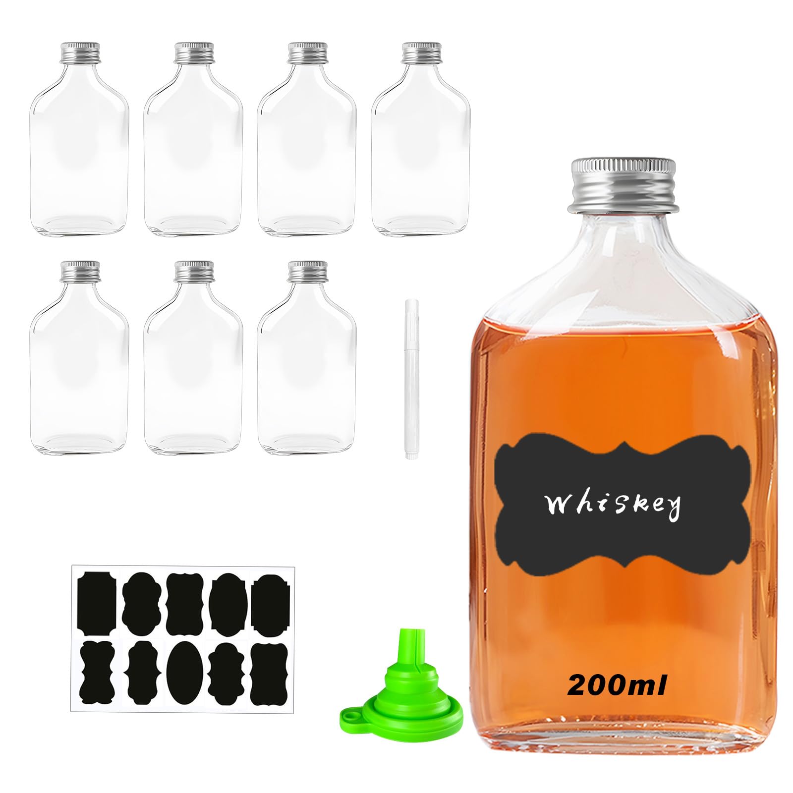 BSDYCL 200ml Glass Flask Bottles - 8 Pack Glass Bottles with Silver Screw Caps, Funnel, Labels and Pen - Reusable Empty glass bottles for wine, whisky or spirits- Superior Sealing, Durable and Sturdy