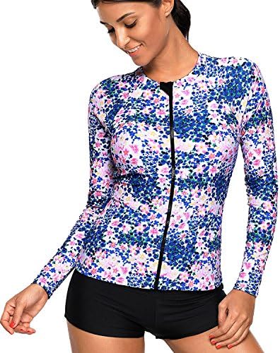 Byoauo Womens Long Sleeve Swimsuits Rashguard Top Vibrant Print Zipper Front Plus Size Swimwear No Bottom