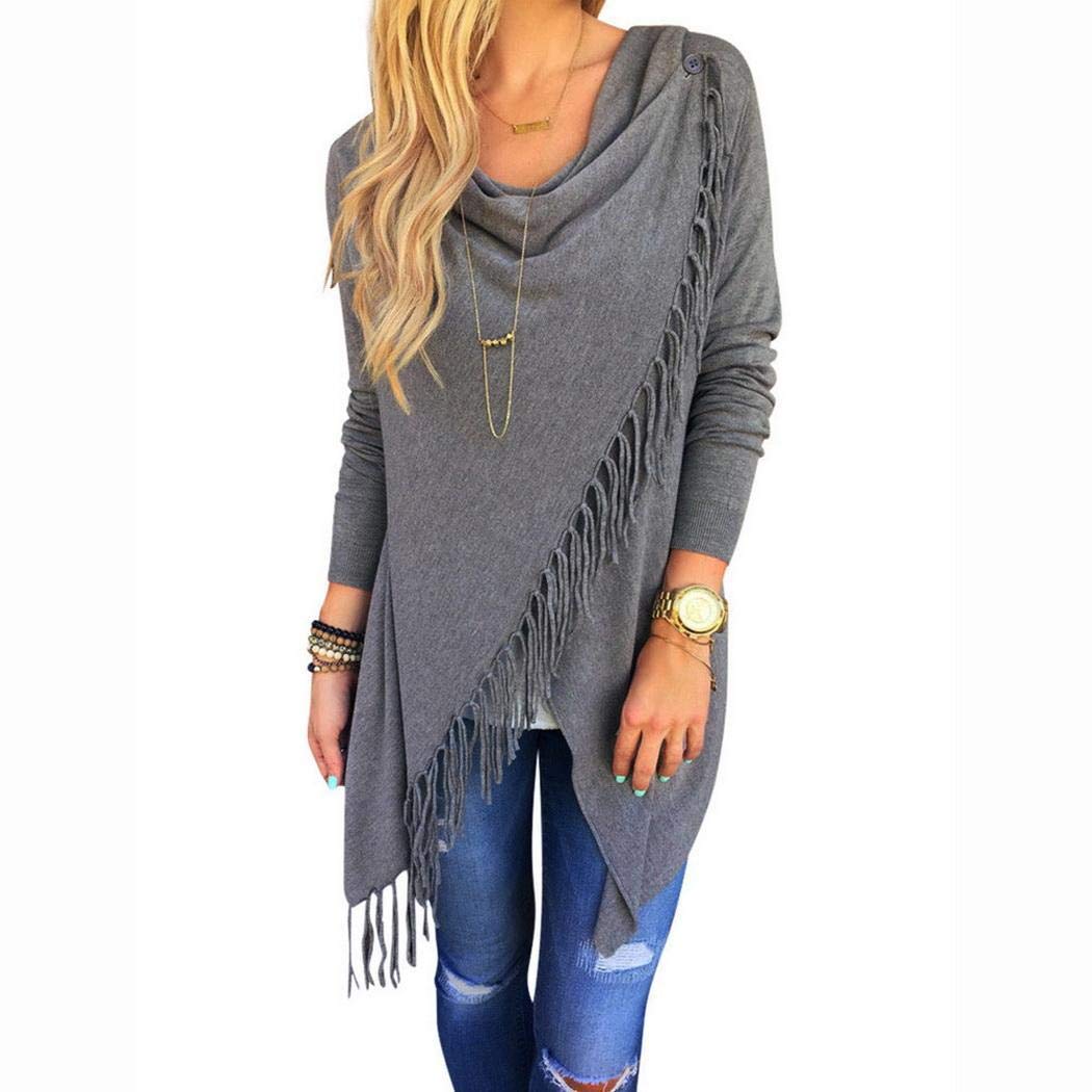 Weardear Women\'s Shawl Fringe Tassel Hem Open Front Cardigan Pullover Knit Sweater Coat Outwear Grey