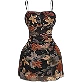 BEAUDRM Women's Plus Size Boho Floral Print Cami Dress Vintage Ruched Spaghetti Strap Mesh Mini Dresses