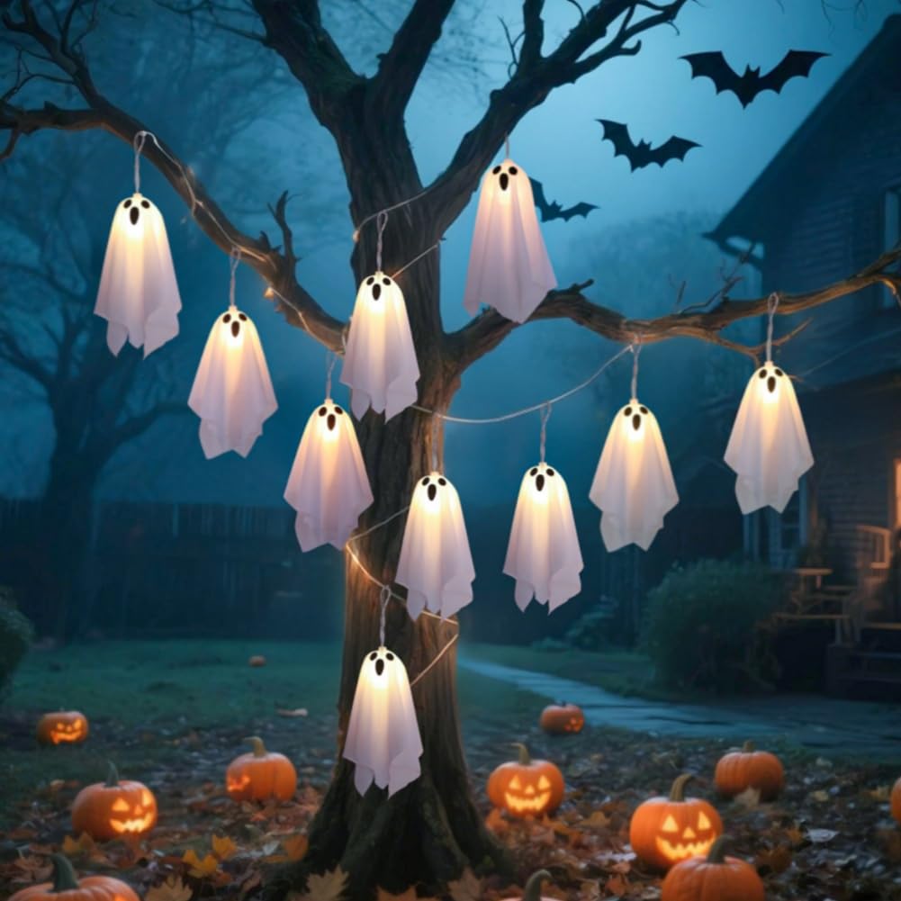 Photo 1 of 8.2FT Halloween Decorations Hanging Ghosts 10Pcs Spooky Ghosts String Lights Halloween Decor for Front Yard Patio Lawn Garden Party Porch Decor Fireplace Indoor Outdoor