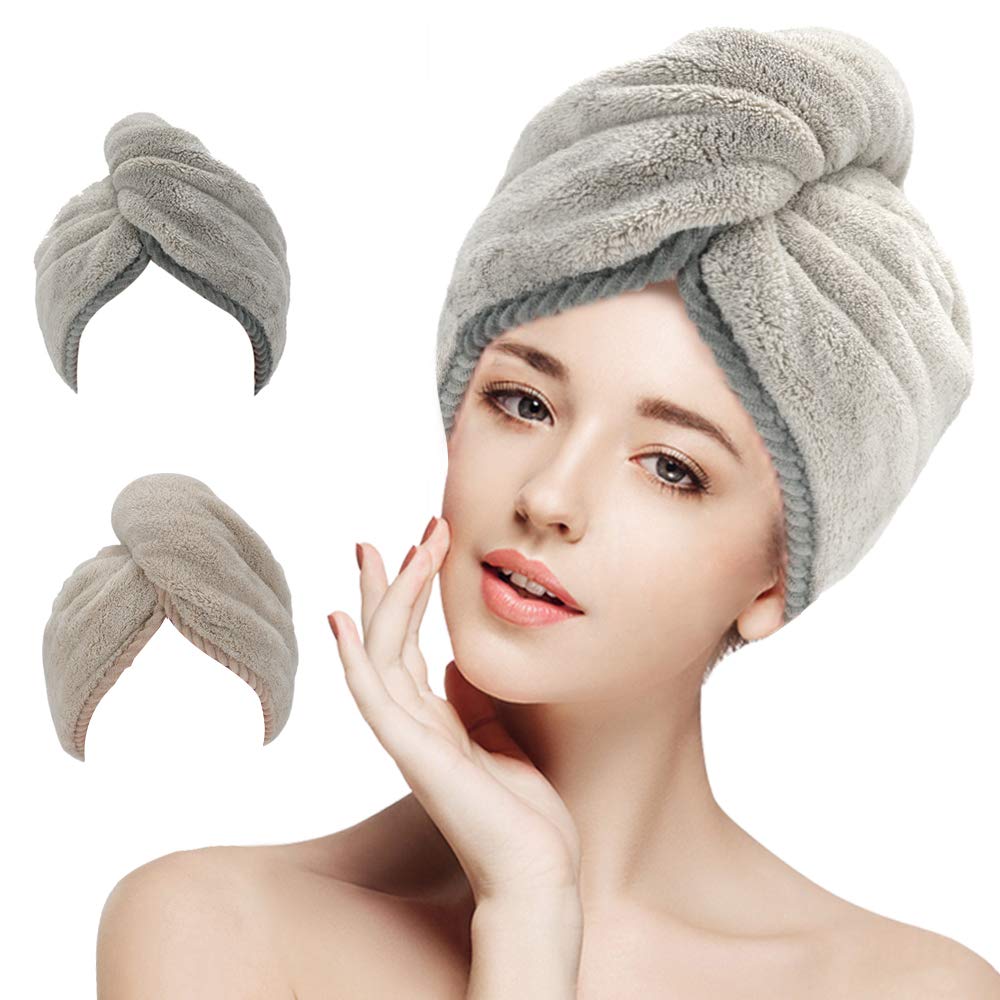 LEARJA 2 Pack Hair Towel Wrap, Microfiber Hair Towel, Anti Frizz Absorbent & Soft Shower Head Towel, Rapid Dry Hair Towels, Long & Curly Hair Towels(Khaki & Gray)
