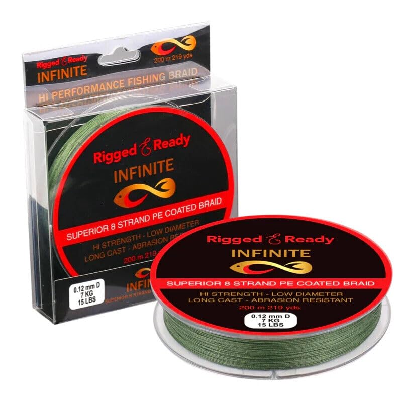 Rigged and Ready Infinite Hi-performance Fishing Braid-15lb 7kg PE Coated Line-200m. Braided 8 Strand Low Diameter No Stretch Long Cast Abrasion Resistant Fast Sink. River Lake Sea Fishing.