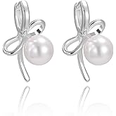 WASAIE Small Bow Pearl Hoop Earrings For Women,White Elegance Bowknot Silver Plated Earrings for Prom Wedding Brides