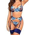 Kaei&Shi Floral Embroidered, Underwire, G-String, Garter Belt, 4 Pieces Lingerie