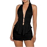 SHENHE Women's Sexy Outfits 2 Piece Y2k Backless Deep V Ruffle Halter Top Bodycon Slit Mini Skirt Set