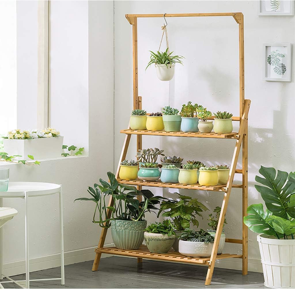 KCPer 3-Tier Bamboo Hanging Plant Stand Foldable Pot Racks Flower Organizer Display Shelves Indoor and Outdoor Use US Stock