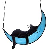 BOXCASA Black Cat on Moon Stained Glass Witchy Gifts for Women - Indoor Suncatchers for Windows Hanging,Christmas for Cat Lovers (with Suction Cups and Chains)