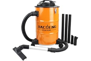 BACOENG 5.3-Gallon Ash Vacuum with Double Stage Filtration System, 10 Amp Ash Vacuum for Pellet Stoves with 1200W Powerful Suction, 5FT Metal Hose and 360° Rotating Wheel