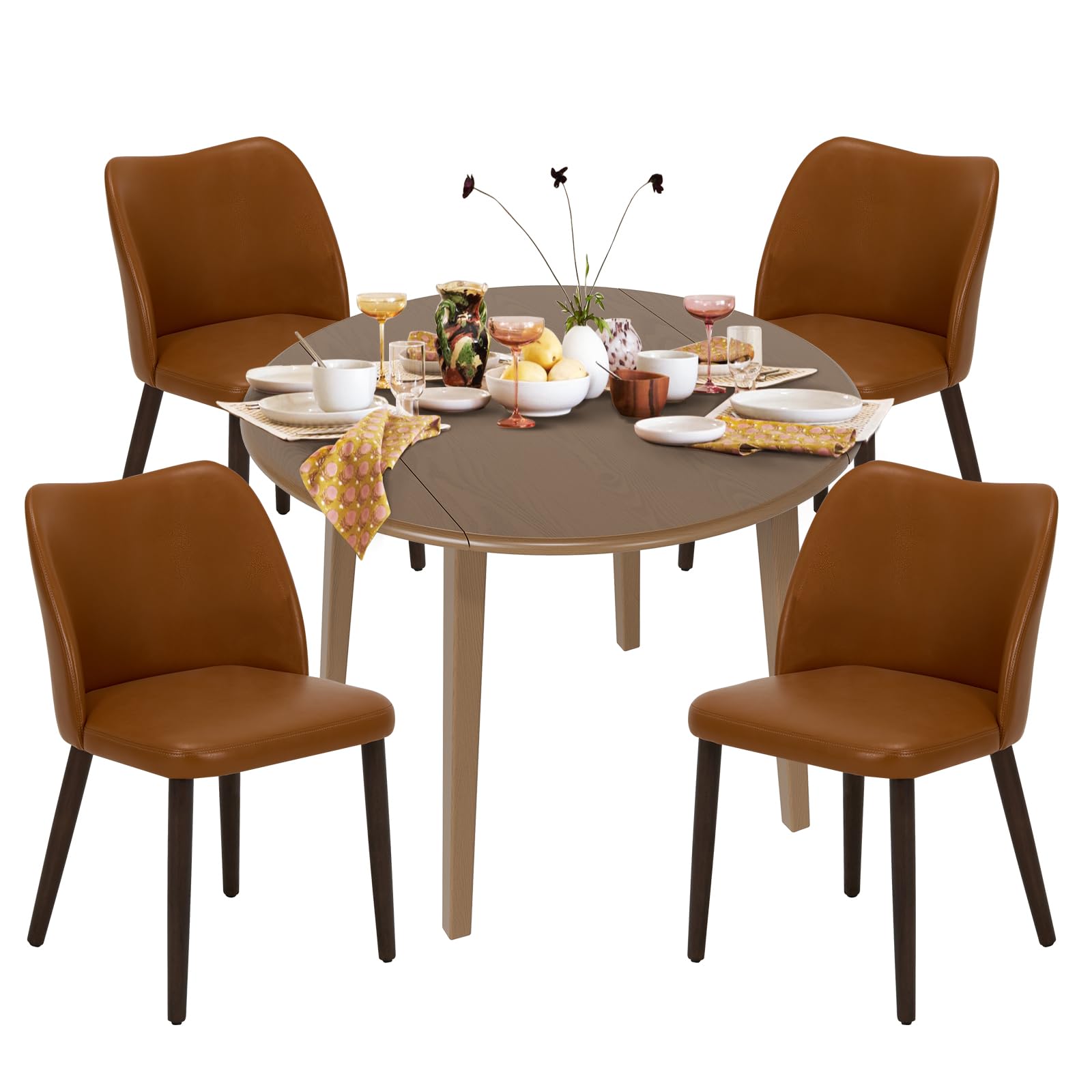 Photo 1 of COLAMY 5-Piece Extendable Dining Table Set for 4, 36" Kitchen Round Wood Table with 4 Wooden Dining Room Chairs,Light Brown/Light Brown