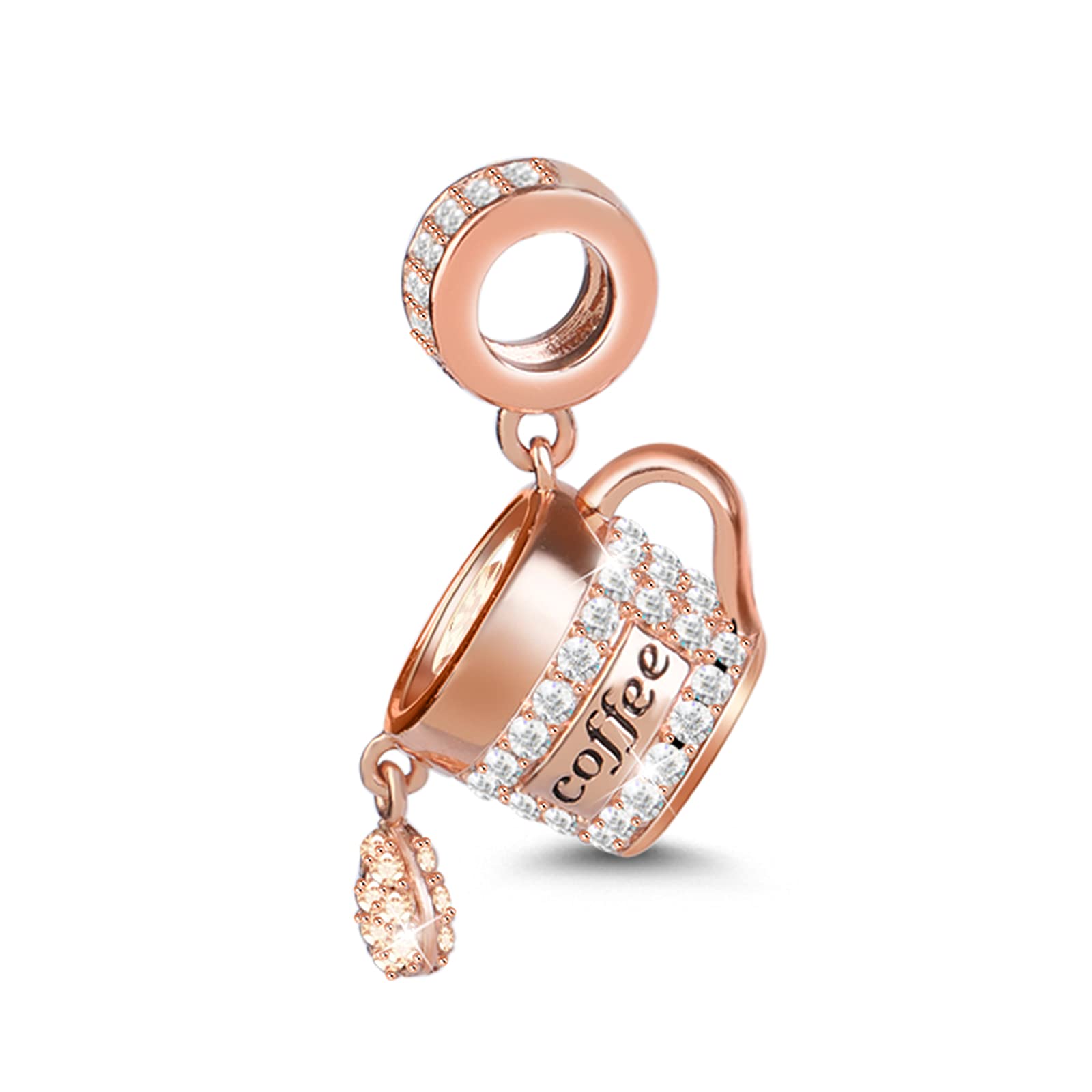 GNOCE Coffee Charm Pendant 925 Sterling Silver Have A Cup of Coffee Rose Gold Plated Dangle Charm with Cubic Zirconia fit for Bracelet/Necklace Jewelry Gift