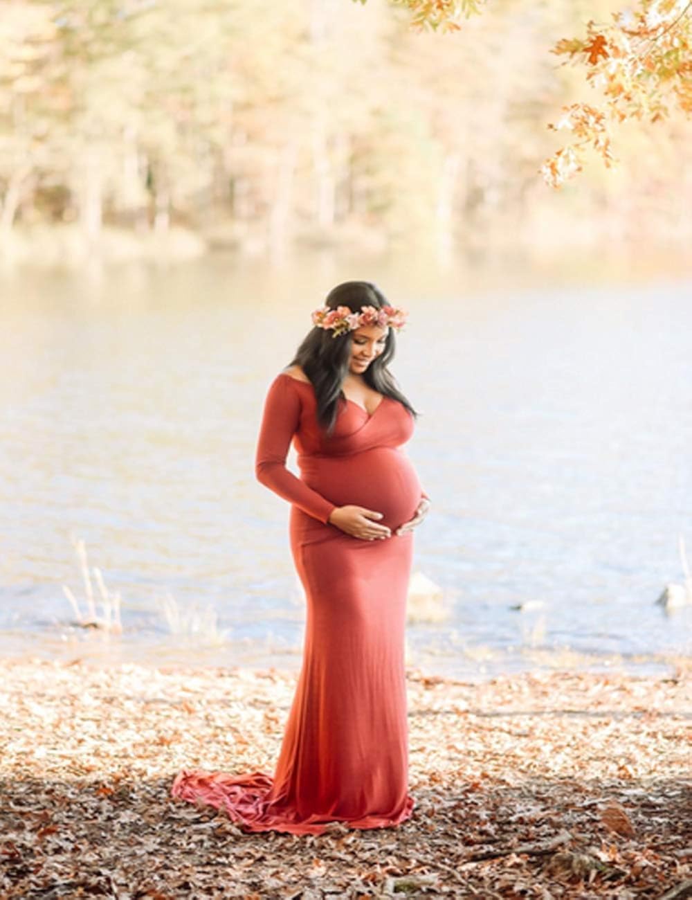 JustVH Maternity Elegant Fitted Maternity Gown Long Sleeve Cross-Front V Neck Slim Fit Maxi Photography Dress for Photoshoot at  Women’s Clothing store