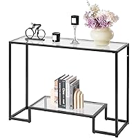 VEVOR 2-Tier Glass Console Table, Modern Rectangle Sofa Side Table with Tempered Glass Top and Iron Legs, Golden Consloe Desk
